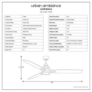 Technical specification sheet for the Urban Ambiance UHP9043 Mid Century Modern Indoor Ceiling Fan from the Tybee Collection, featuring an integrated LED, polished chrome finish, detailed features and materials, dimensions of 60-inch width and 13.1-inch height, and a diagram illustrating its size.