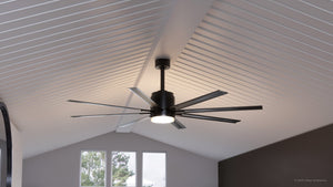 A gorgeous Urban Ambiance UHP9050 Urban Loft Indoor / Outdoor Ceiling Fan in Midnight Black, Chatham Collection with a white ceiling.