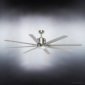 The Urban Ambiance UHP9051 Urban Loft Indoor/Outdoor Ceiling Fan from the Chatham Collection features a modern 8-blade design in brushed nickel with a central integrated LED light fixture, mounted on a short downrod, bringing an industrial chic touch against a gradient gray background.