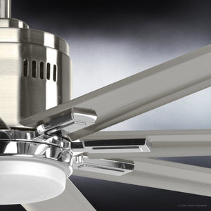 Close-up of the Urban Ambiance UHP9051 Urban Loft Indoor / Outdoor Ceiling Fan from the Chatham Collection, featuring brushed nickel metallic blades and an integrated LED light, set against a gradient dark-to-light background.