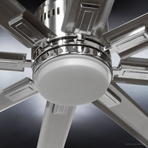 Close-up view of the Urban Ambiance UHP9051 Urban Loft Indoor / Outdoor Ceiling Fan from the Chatham Collection, featuring eight brushed nickel metallic blades and an integrated LED light fixture, photographed against a dark background.