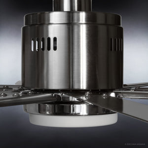 Close-up of the UHP9051 Urban Loft Indoor / Outdoor Ceiling Fan from the Chatham Collection by Urban Ambiance, featuring a brushed nickel, metallic industrial chic motor housing with vent slots, visible fan blades, and an integrated LED light fixture at the bottom (16.8″H x 72″W).