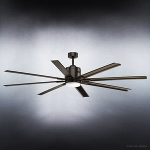The Urban Ambiance UHP9053 Urban Loft Indoor / Outdoor Ceiling Fan from the Chatham Collection features eight blades and a central dimmable LED light fixture, showcased in Olde Bronze against a gradient gray background.