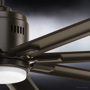 Close-up of the UHP9053 Urban Loft Indoor / Outdoor Ceiling Fan from the Chatham Collection by Urban Ambiance, measuring 72 inches wide and 16.8 inches high, featuring multiple blades with an Olde Bronze finish and a centrally placed round, dimmable LED light fixture.