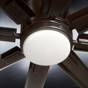 Close-up view of the Urban Ambiance UHP9053 Urban Loft Indoor / Outdoor Ceiling Fan from the Chatham Collection, featuring 72-inch dark blades and a central dimmable LED light fixture in Olde Bronze, photographed from below against a neutral background.
