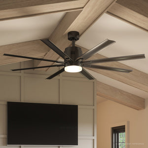 A sleek UHP9053 Urban Loft Indoor / Outdoor Ceiling Fan from the Chatham Collection by Urban Ambiance, featuring eight blades in an Olde Bronze finish and a dimmable LED light fixture, is mounted on a wood-beamed ceiling in a contemporary room.