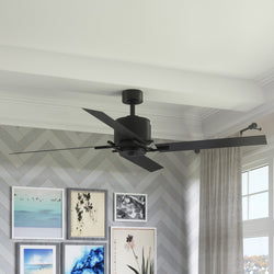 A living room with an Urban Ambiance UHP9060 Urban Loft Indoor Ceiling Fan, 15.4"H x 56"W, Charcoal, Amelia Collection lighting fixture.