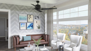 A beautiful living room with unique gray furniture and an Urban Ambiance UHP9060 Urban Loft Indoor Ceiling Fan, 15.4