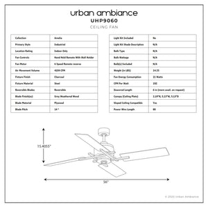 A diagram showing the dimensions of a beautiful Urban Loft Indoor Ceiling Fan, Charcoal color, Amelia Collection.