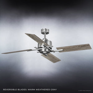 Urban Ambiance UHP9061 Urban Loft Indoor Ceiling Fan from the Amelia Collection, featuring an aged nickel base and four reversible blades in a warm weathered gray wood finish, is displayed against a neutral gradient background. Text at bottom reads: “Reversible blades: warm weathered gray.”.