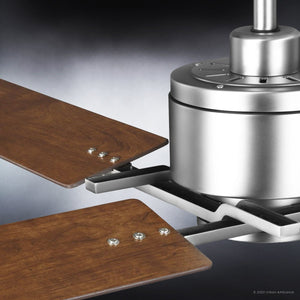 Close-up of the UHP9061 Urban Loft Indoor Ceiling Fan from the Amelia Collection by Urban Ambiance, featuring an aged nickel metallic base and wooden blades, displayed against a gradient background.