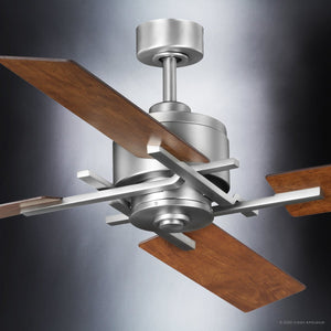 Close-up of the Urban Ambiance UHP9061 Urban Loft Indoor Ceiling Fan from the Amelia Collection, featuring an aged nickel metallic base and four reversible wooden blades, set against a gradient gray background.