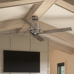 A beautiful Urban Ambiance lighting fixture in a living room with wood beams.