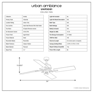 Ceiling fan product specification sheet for the Urban Ambiance UHP9061 Urban Loft Indoor Ceiling Fan from the Amelia Collection (15.4″H x 56″W, Aged Nickel), featuring technical details, dimensions, and a line drawing of the farmhouse-style ceiling fan with reversible blades and labeled measurements.