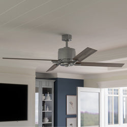 A beautiful living room with a unique Urban Ambiance UHP9062 Urban Loft Indoor Ceiling Fan, 15.4"H x 56"W, Galvanized Steel, Amelia Collection and a