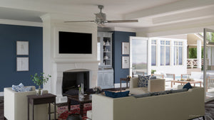 A living room with a beautiful UHP9062 Urban Loft Indoor Ceiling Fan and a unique Amelia Collection by Urban Ambiance fireplace.