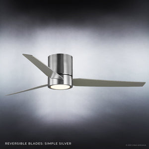 The Urban Ambiance UHP9070 Modern Indoor Ceiling Fan from the Camden Collection features three silver blades and a sleek cylindrical brushed nickel base with an integrated LED light, showcased against a gradient gray background.