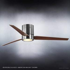 The Urban Ambiance UHP9070 Modern Indoor Ceiling Fan from the Camden Collection features three wooden blades, a brushed nickel central fixture, and an integrated LED light, presented against a gradient background.