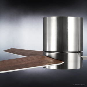Close-up of the Urban Ambiance UHP9070 Modern Indoor Ceiling Fan from the Camden Collection, measuring 9.9″H x 56″W, with two wooden blades and a cylindrical brushed nickel base featuring an integrated LED light, set against a gradient gray background.