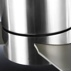 Close-up of the Urban Ambiance UHP9070 Modern Indoor Ceiling Fan from the Camden Collection, showcasing its brushed nickel cylindrical body with a smooth surface, distinctive black seam, and an angled metallic component—highlighting the refined design elements of this 9.9-inch high by 56-inch wide contemporary fixture.