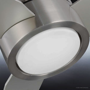 Close-up of the Urban Ambiance UHP9070 Modern Indoor Ceiling Fan from the Camden Collection, featuring brushed nickel metal blades and an integrated LED light fixture, shown from the bottom (9.9″H x 56″W).