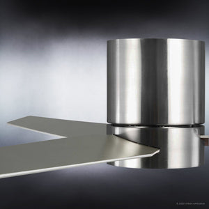 Close-up of the Urban Ambiance UHP9070 Modern Indoor Ceiling Fan from the Camden Collection, measuring 9.9 inches high by 56 inches wide in a sleek brushed nickel finish with metallic blades and cylindrical housing, featuring an integrated LED light, set against a gradient gray background.