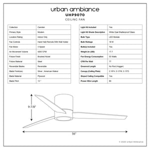 Technical specification sheet for the Urban Ambiance Camden Collection UHP9070 Modern Indoor Ceiling Fan in Brushed Nickel (9.9″H x 56″W), including measurements, features, materials, integrated LED light bulb details, and a labeled diagram of the fan.