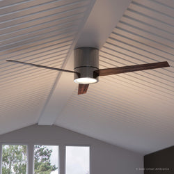 A gorgeous Urban Ambiance UHP9071 Modern Indoor Ceiling Fan, 9.9"H x 56"W, Polished Chrome from the Camden Collection with a beautiful wooden blade in a