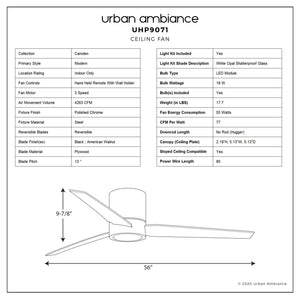 A diagram showing the dimensions of a unique UHP9071 Modern Indoor Ceiling Fan from the Camden Collection by Urban Ambiance.