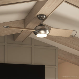 An Urban Ambiance UHP9080 Modern Indoor or Outdoor Ceiling Fan, 14.9"H x 54"W, Aged Nickel lighting fixture in a living room with wood beams.