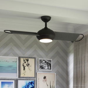 An Urban Ambiance UHP9082 Modern Indoor or Outdoor Ceiling Fan, 14.9"H x 54"W, Black Iron, Rockport Collection in a room with unique lighting fixture on the