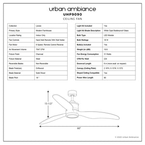 Technical specification sheet for the Urban Ambiance Lewes Collection UHP9090 Modern Indoor Ceiling Fan, Charcoal finish (15.5″H x 60″W), featuring solid wood blades and integrated LED lighting. Includes a labeled diagram and a detailed product features table.