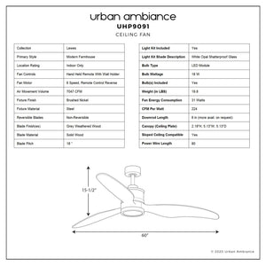 A diagram showcasing the dimensions and design of the beautiful UHP9091 Modern Indoor Ceiling Fan, 15.5