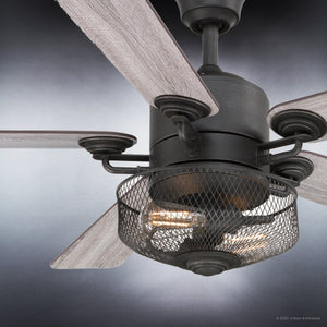 An UHP9100 Vintage Indoor Ceiling Fan with three blades and a basket.