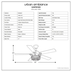 A diagram showing the dimensions of the Urban Ambiance UHP9100 Vintage Indoor Ceiling Fan, 20