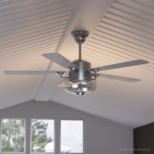 A luxury UHP9101 Vintage Indoor Ceiling Fan, 21.9"H x 54"W, Aged Nickel, Southport Collection by Urban Ambiance in a room with white walls.
