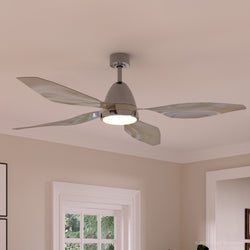 A beautiful UHP9111 Modern Indoor Ceiling Fan, 16.7"H x 60"W, Brushed Nickel, Niantic Collection by Urban Ambiance in a living room.