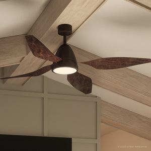 An Urban Ambiance UHP9112 Modern Indoor Ceiling Fan, 16.7"H x 60"W, Oil Rubbed Bronze, Niantic Collection in a beautiful living room with wood beams