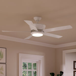 An Urban Ambiance UHP9120 Contemporary Indoor Ceiling Fan in a beautifully decorated room with beige walls.