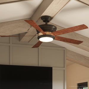 A beautiful indoor lighting fixture, the Urban Ambiance UHP9122 Contemporary Indoor Ceiling Fan is installed in a living room with wood beams.