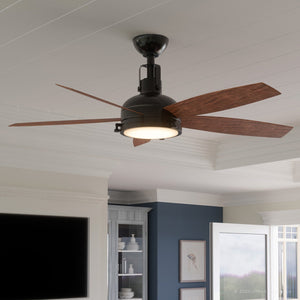 An Urban Ambiance UHP9142 Traditional Indoor Ceiling Fan with beautiful lighting fixture, 17.6"H x 52"W, Olde Bronze, Pismo Collection in a living room with blue