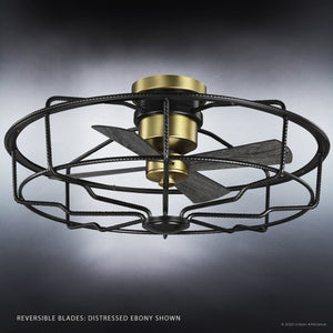 A beautiful ceiling fan from the Harwich Collection with a black and gold cage, adding luxury to your indoor space.