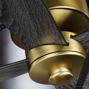 A close up of a gorgeous UHP9150 Luxe Indoor Ceiling Fan with gold blades by Urban Ambiance.