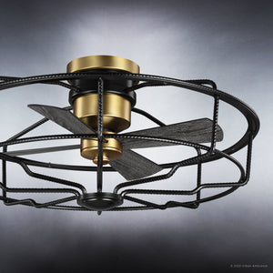 A gorgeous UHP9150 Luxe Indoor Ceiling Fan with a black and gold finish, part of the Harwich Collection by Urban Ambiance.
