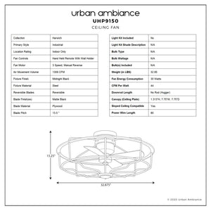 A diagram showing the dimensions of the UHP9150 Luxe Indoor Ceiling Fan, 15.3