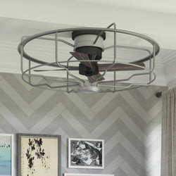 An UHP9151 Luxe Indoor Ceiling Fan, 15.3"H x 32.9"W, Galvanized Steel, Harwich Collection by Urban Ambiance in a living room with a