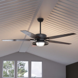 An Urban Ambiance UHP9170 Traditional Indoor or Outdoor Ceiling Fan, 17.6"H x 60"W, Black Iron, from the Santa Monica Collection in a living room with a gorgeous