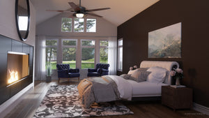 A 3D rendering of a gorgeous bedroom with the UHP9170 Traditional Indoor or Outdoor Ceiling Fan, Black Iron, Santa Monica Collection by Urban Ambiance.