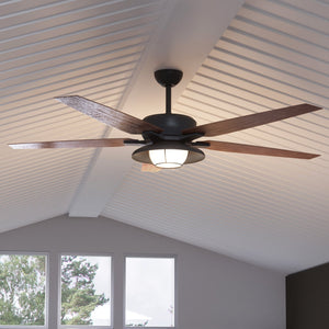 A luxurious Urban Ambiance UHP9172 Traditional Indoor or Outdoor Ceiling Fan, 17.6"H x 60"W, Olde Bronze, Santa Monica Collection in a living room with