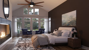 A bedroom with a beautiful UHP9172 Traditional Indoor or Outdoor Ceiling Fan, 17.6